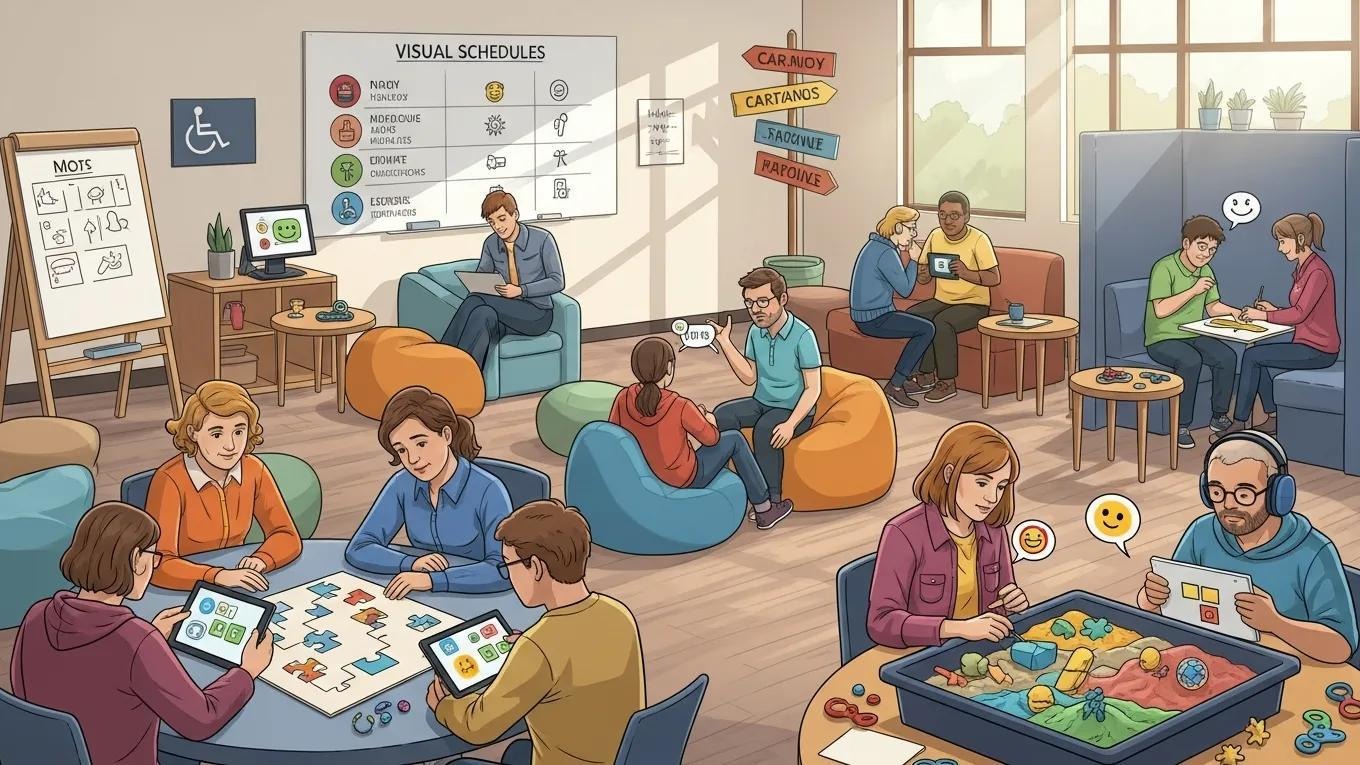 Neurodivergent individuals engaging in community activities, highlighting inclusivity and support