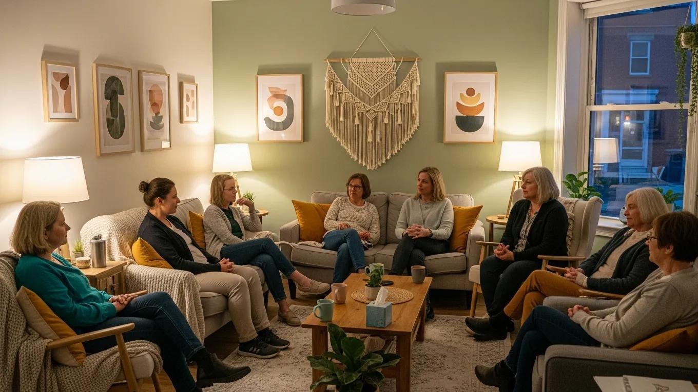 Diverse adults in a supportive discussion, representing ADHD and autism support groups