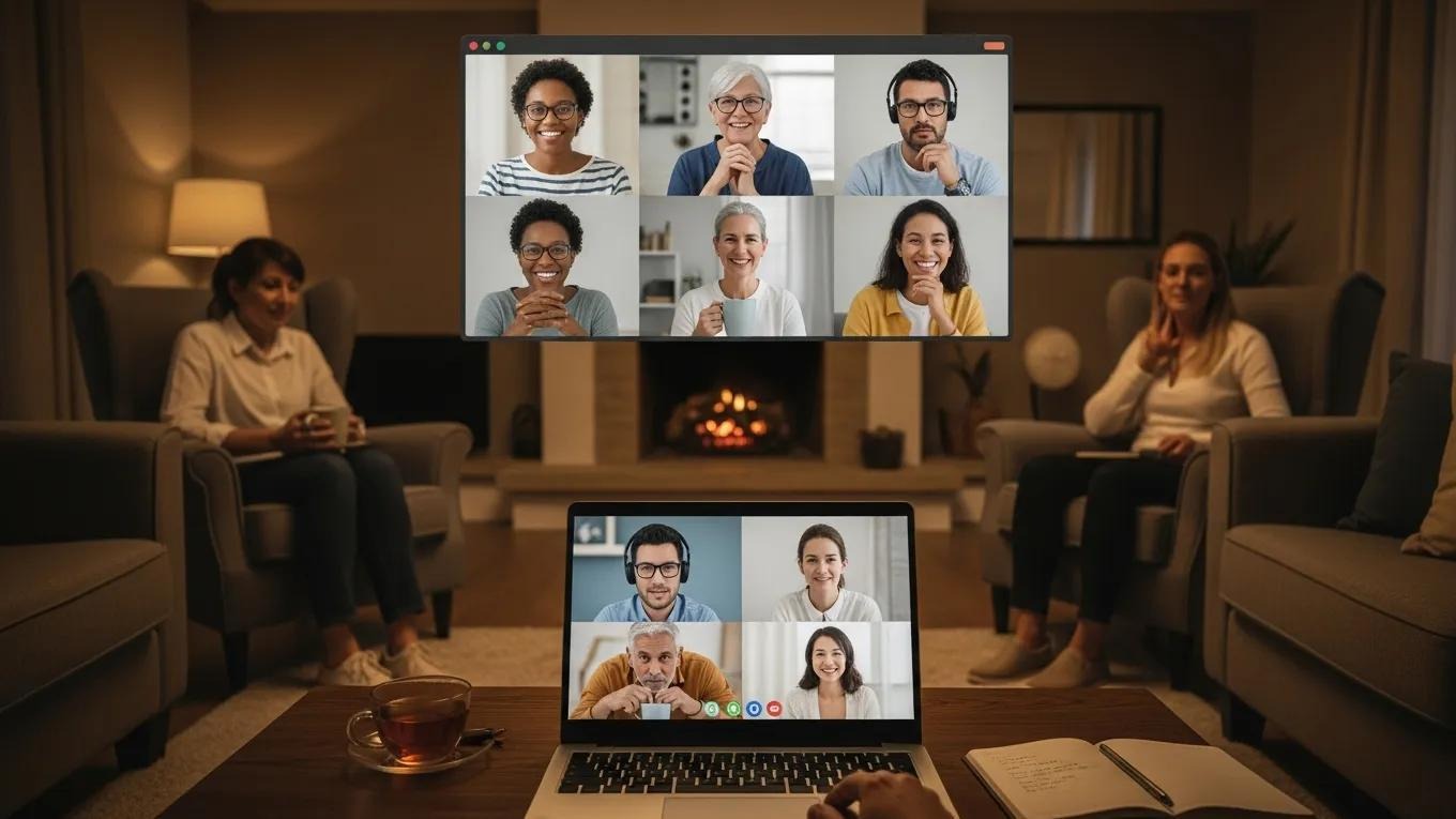 Diverse individuals participating in a virtual support group for substance use recovery