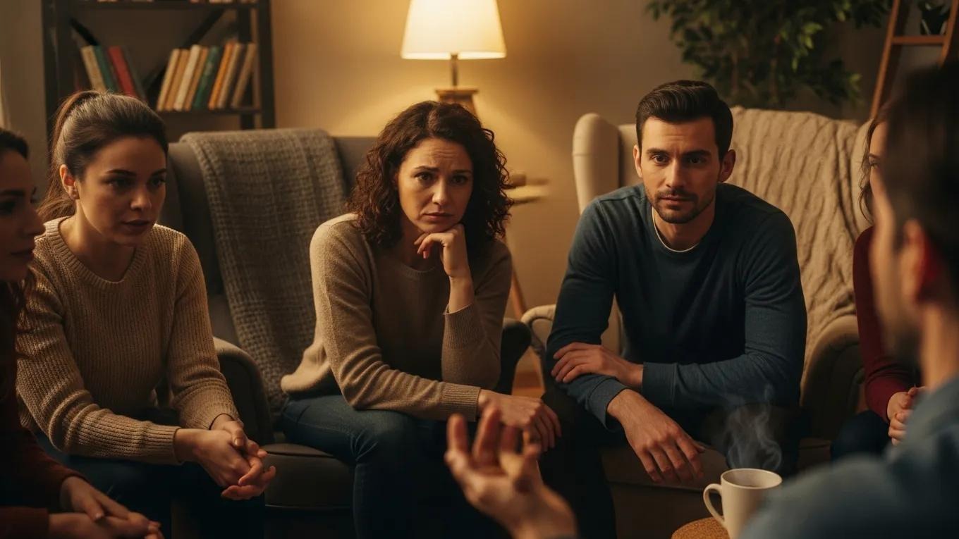 Group of individuals sharing experiences in a peer support group for addiction recovery
