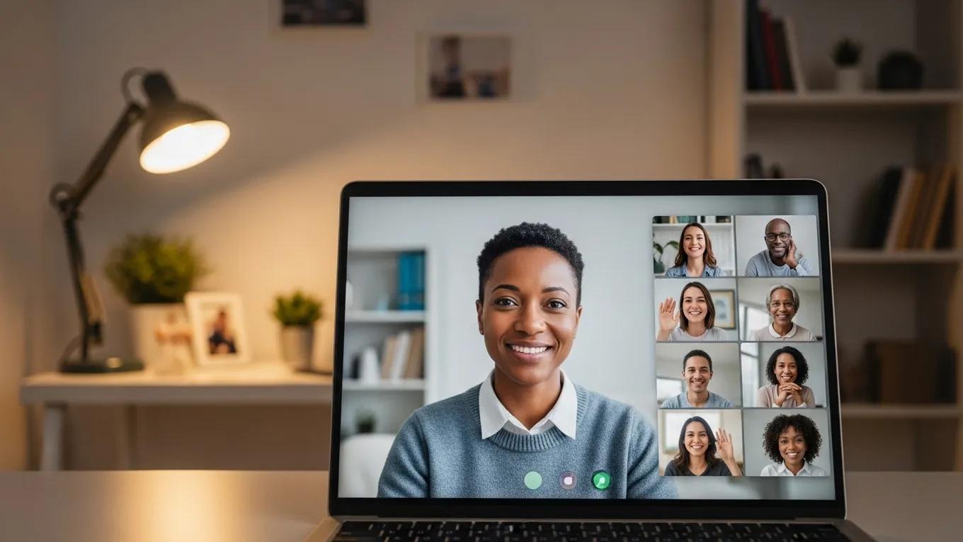 Facilitator leading an online cancer support group, fostering a supportive and engaging environment