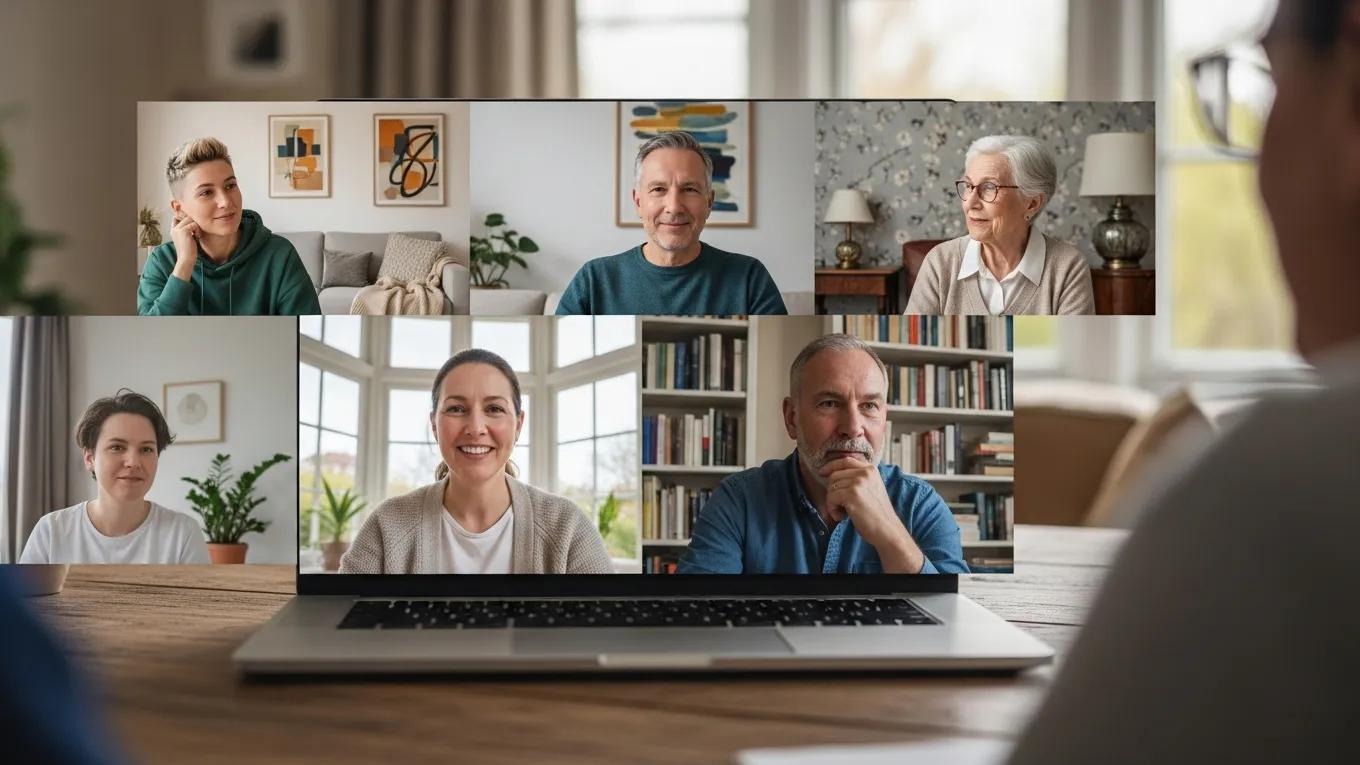 Diverse individuals participating in a virtual cancer support group, showcasing emotional connection and support