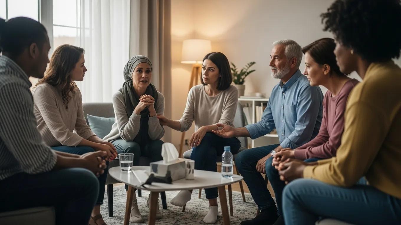 Group of individuals sharing experiences in a cancer support group, highlighting emotional benefits and community support