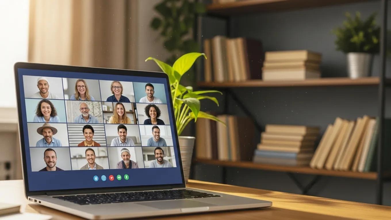 Virtual support group session on a laptop, showcasing the role of technology in mental health