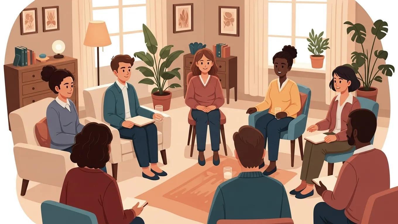 Diverse individuals in a supportive discussion circle, representing emotional support groups