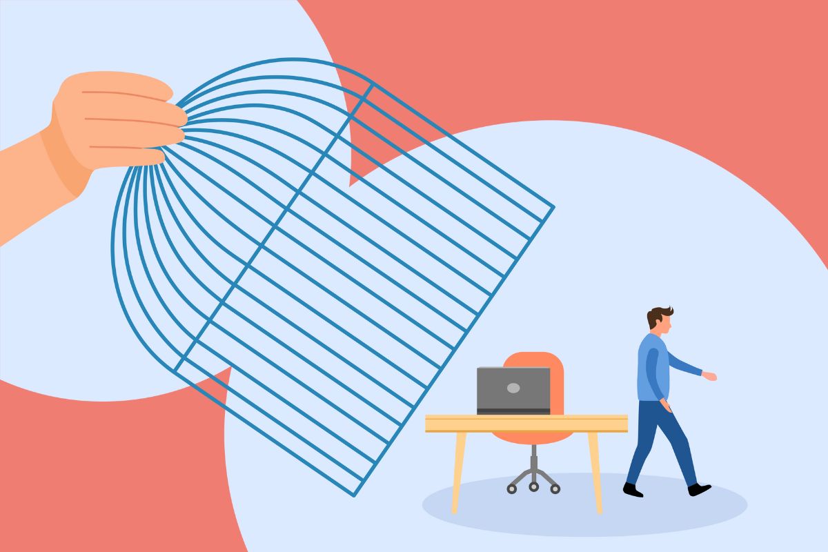 Illustration of man walking out of cage with a desk and computer that has been his comfort zone