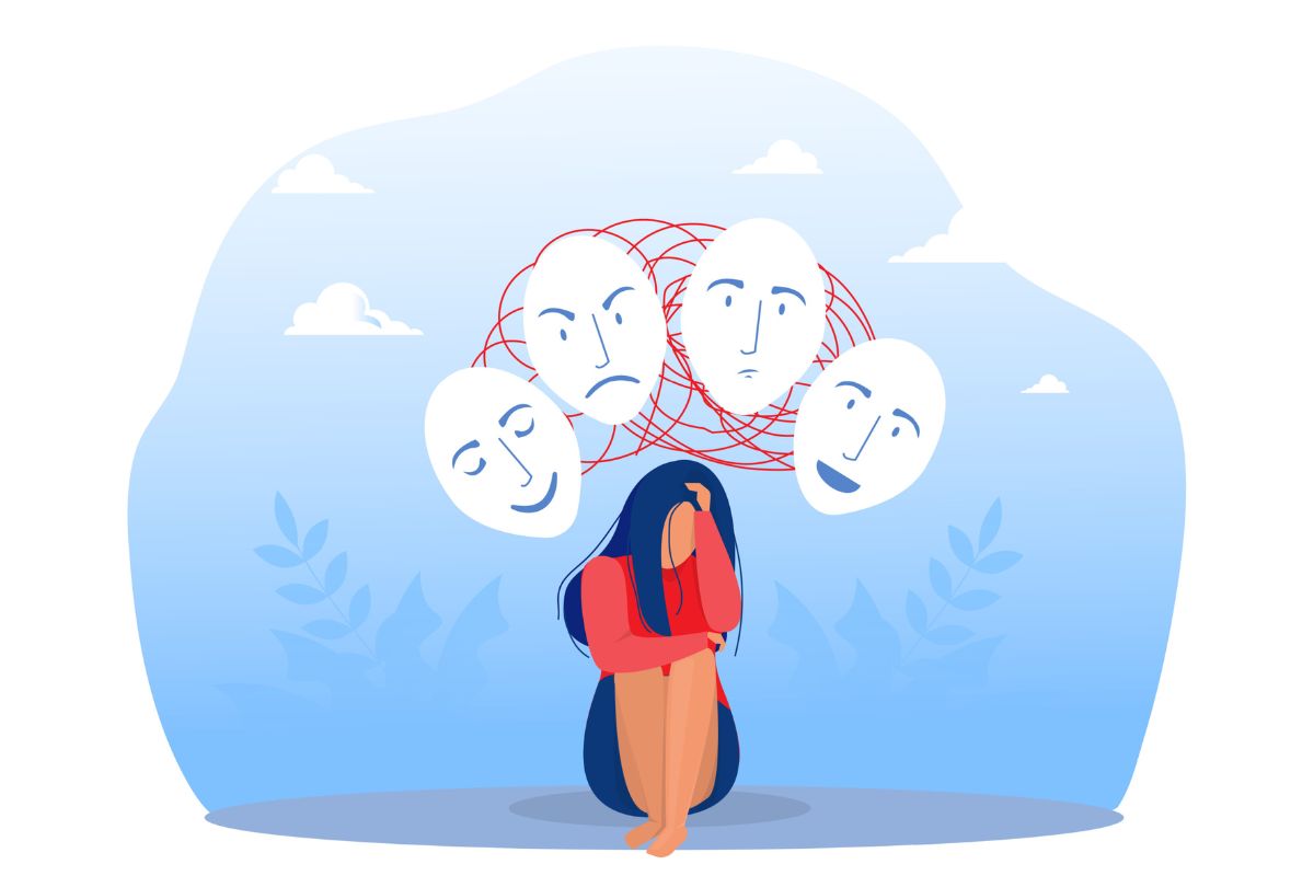 Illustration of woman sitting on the ground with faces of different emotions swirling around above.