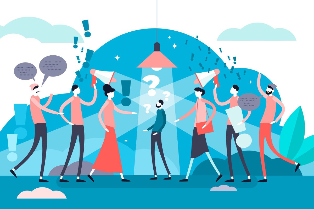 Illustration of individual being noticed by a bunch of people shown by spotlights and people talking about them through text bubbles and exclamation points.