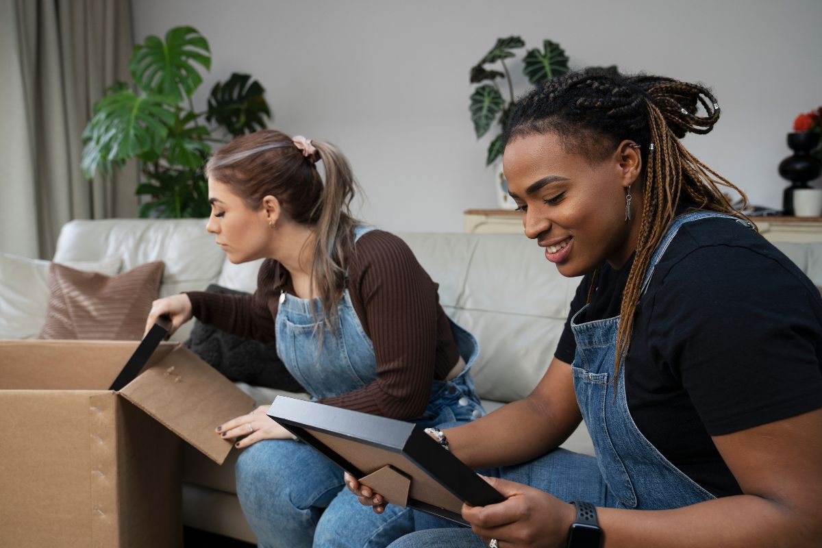 Two young women unpacking boxes in new home
