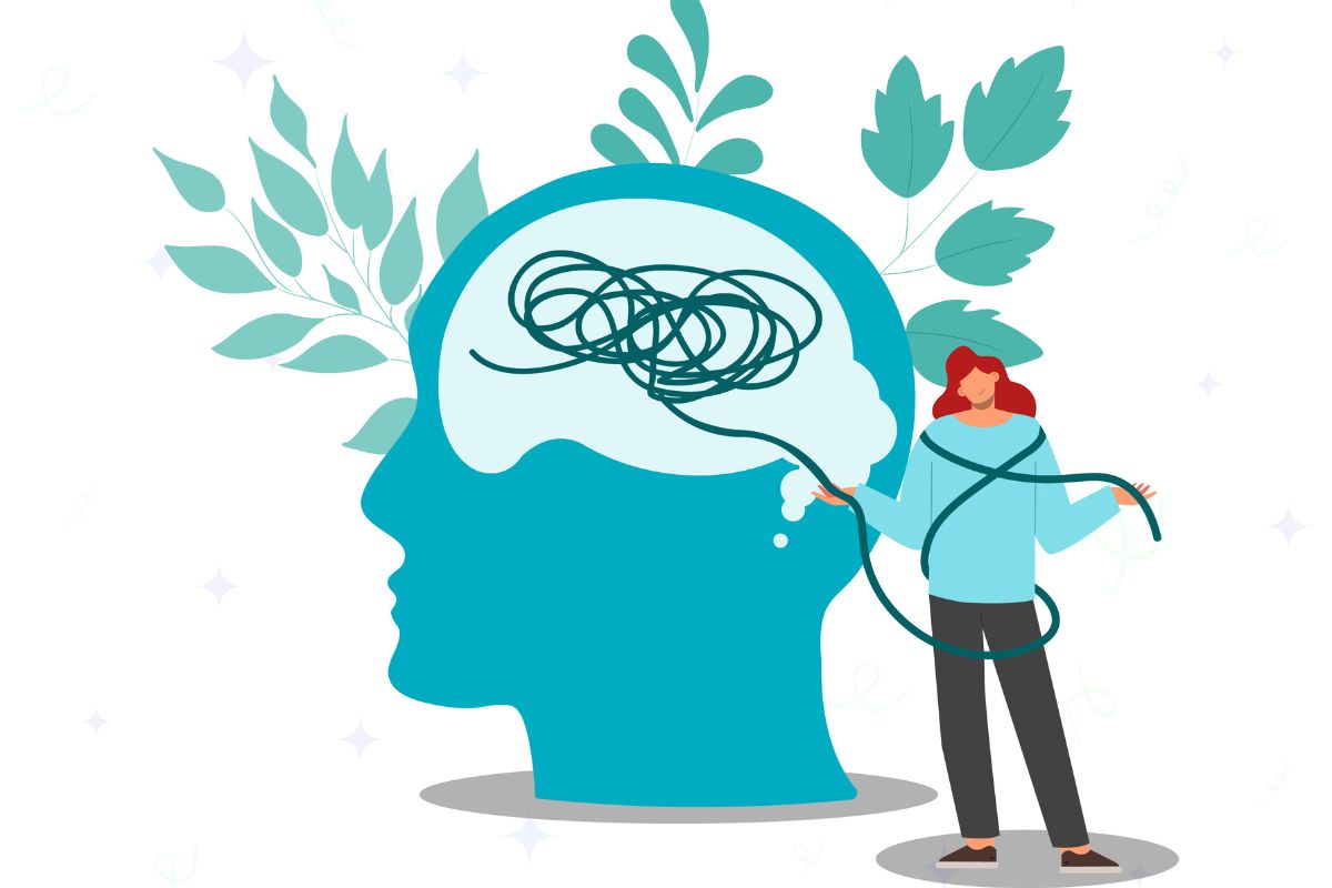 Illustration of a woman unraveling the tangled threads of the mind with a large head with thread inside a woman standing to the side wrapped up in thread.