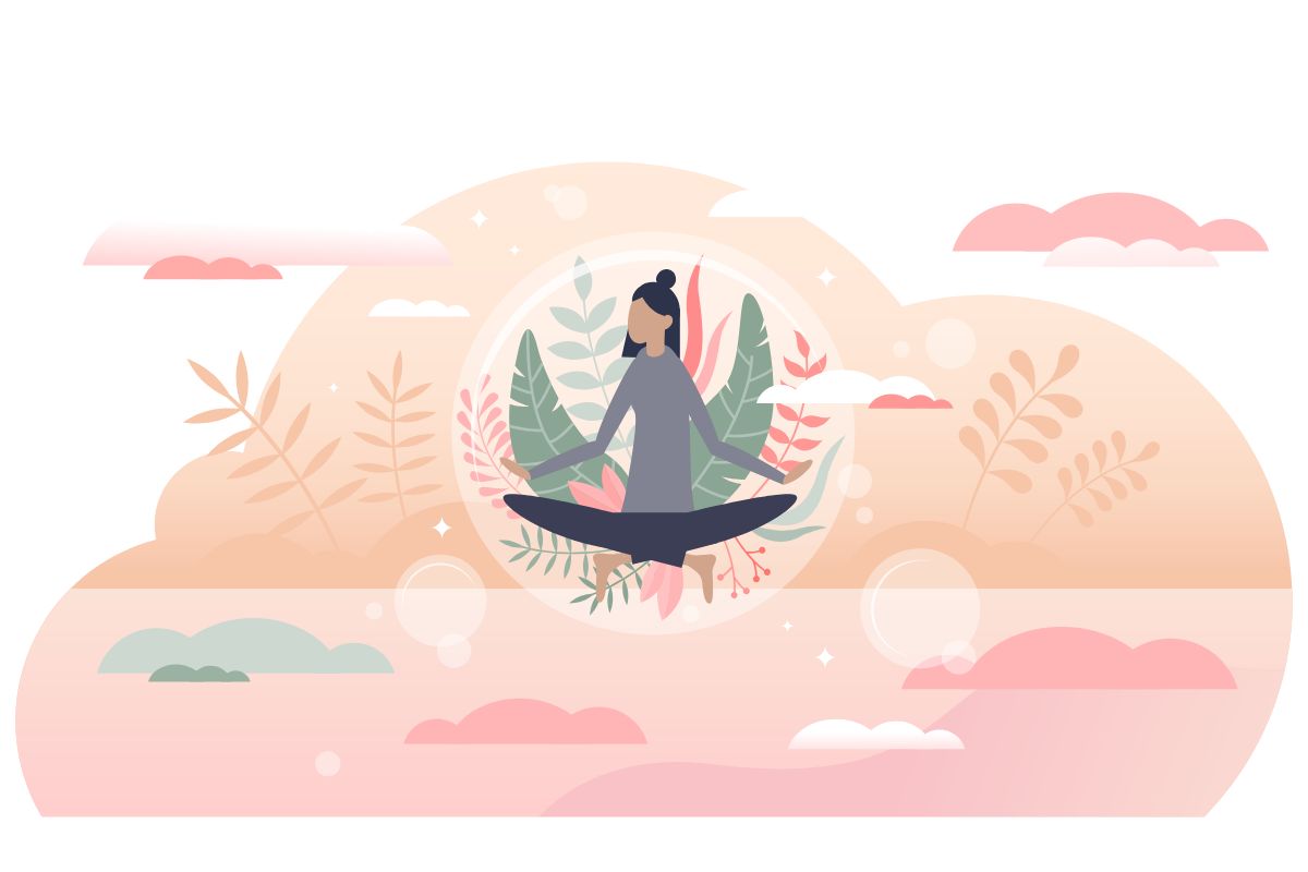 Abstract scene with female flying above ground from physical relaxation.