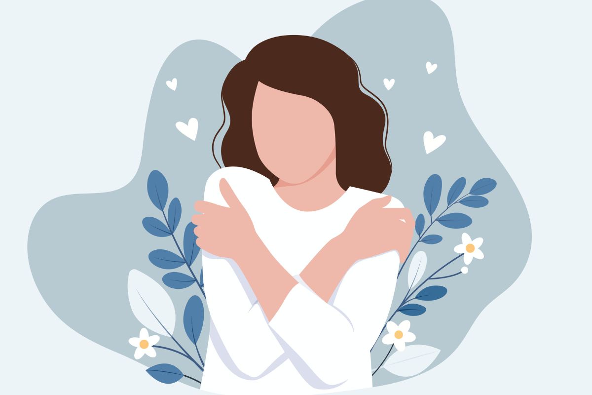 Illustration of white woman hugging herself with flowers and hearts surrounding her