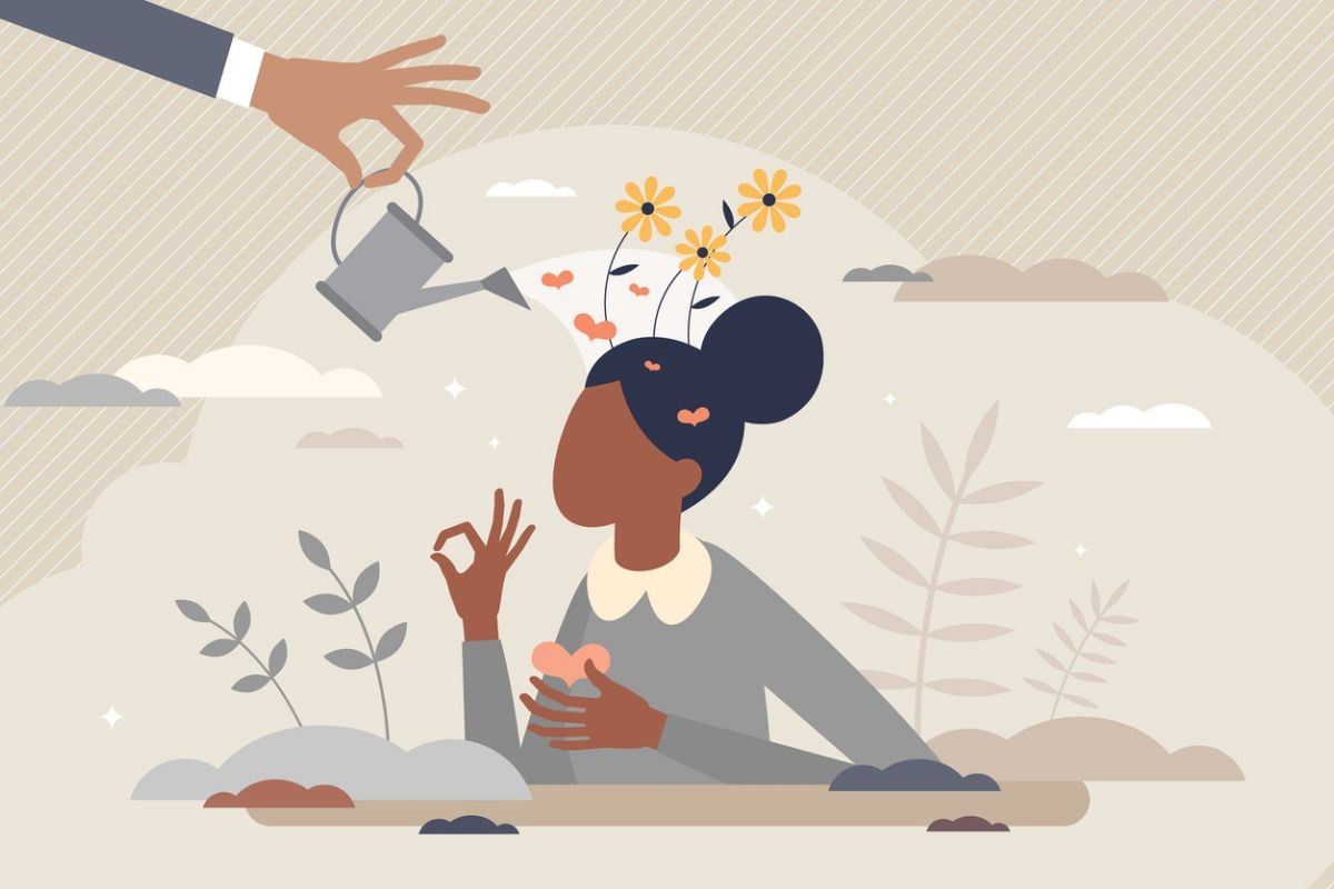 Emotional self care as positive female mental balance tiny person concept