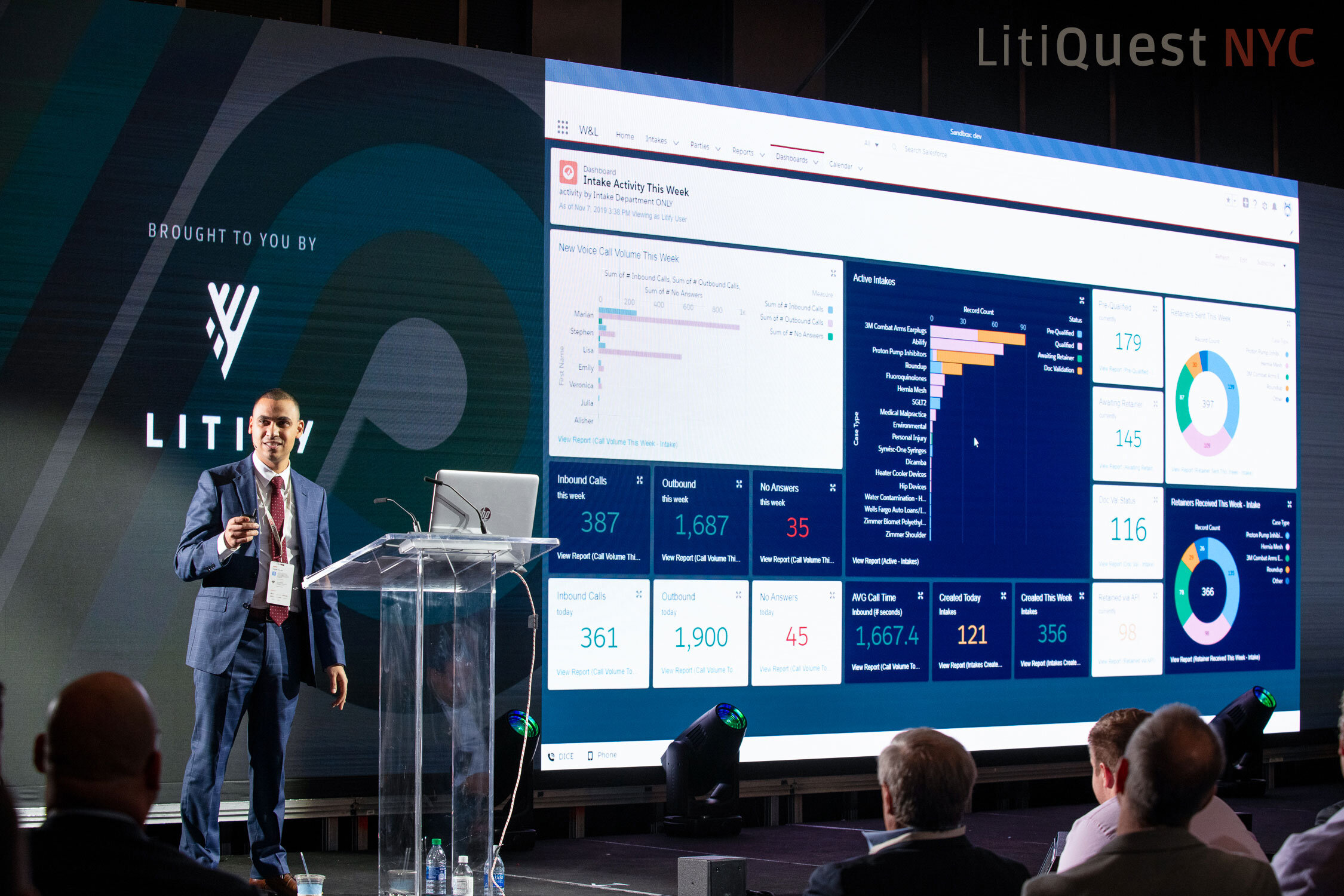 A Litify speaker presenting their dashboard in a conference