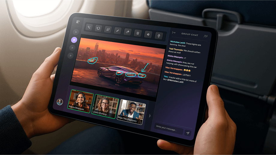Person in a plane using PacPost.live to edit film footage on the go.