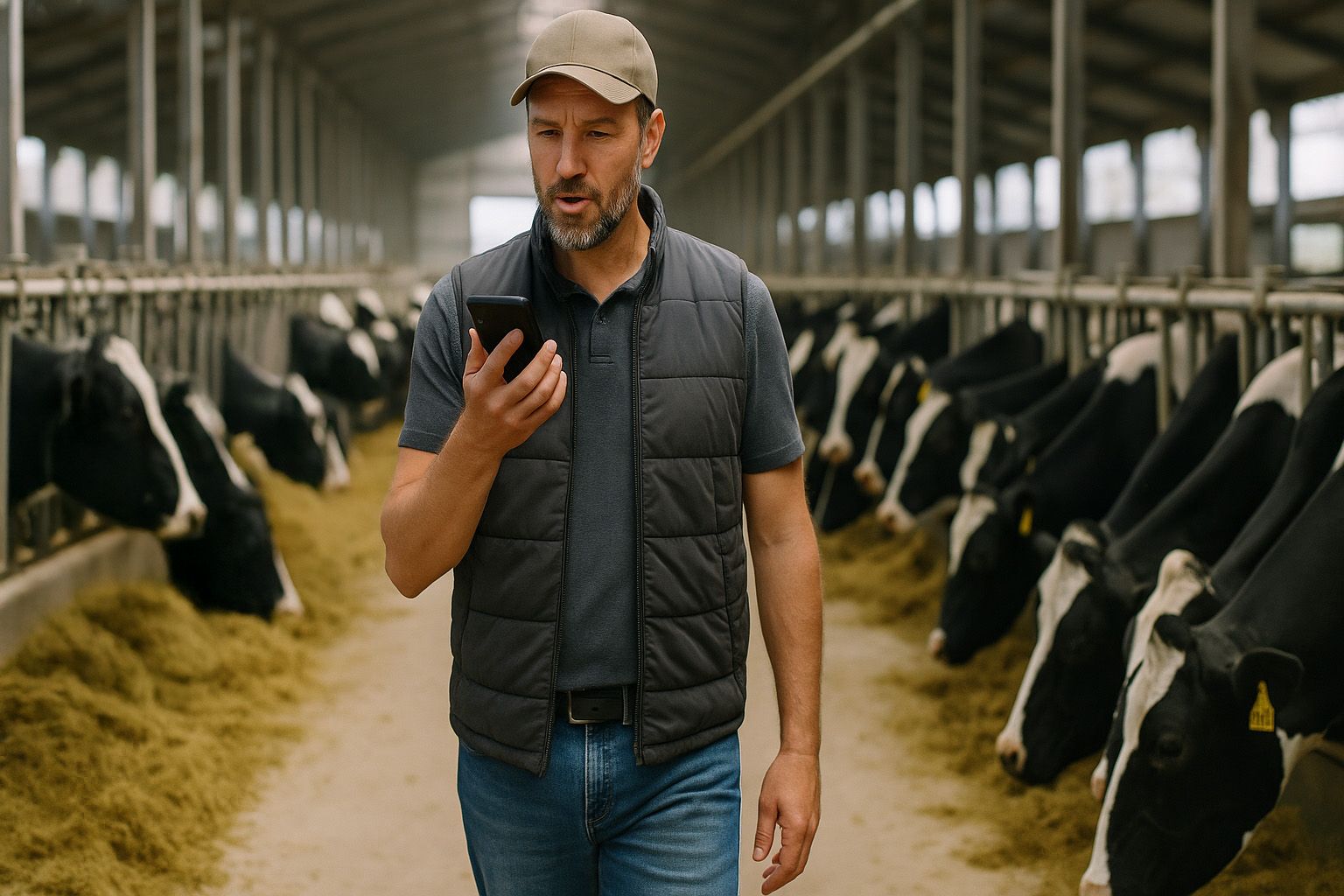 ONE Feed reports on a laptop beside the mobile app, with a dairy worker walking the feed alley behind