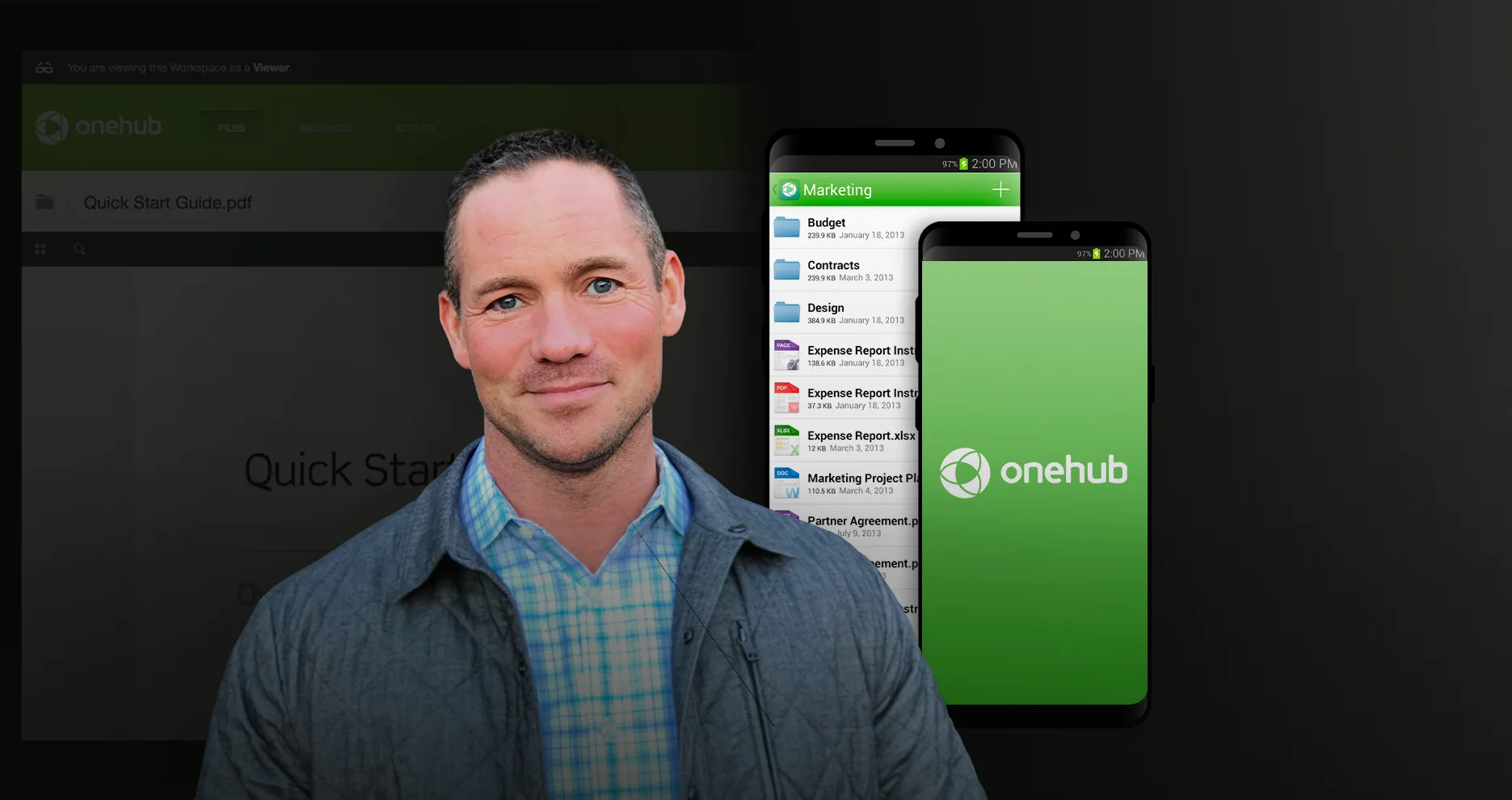 Onehub's CEO and a marketing dashboard on a phone