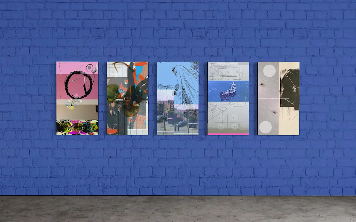 Collage of images on a gallery wall