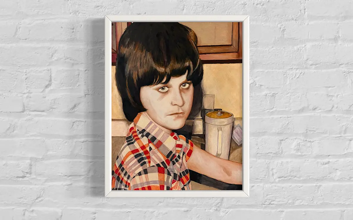 Alt text: portrait of a young woman standing by the sink, staring out at the viewer, a serious almost mad look. She’s wearing a red and black plaid shirt.