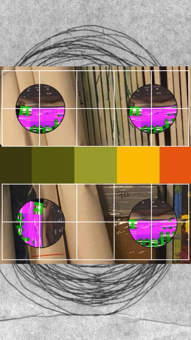 Circular glitch effects layered over stacked canvas paintings with color swatches in between.