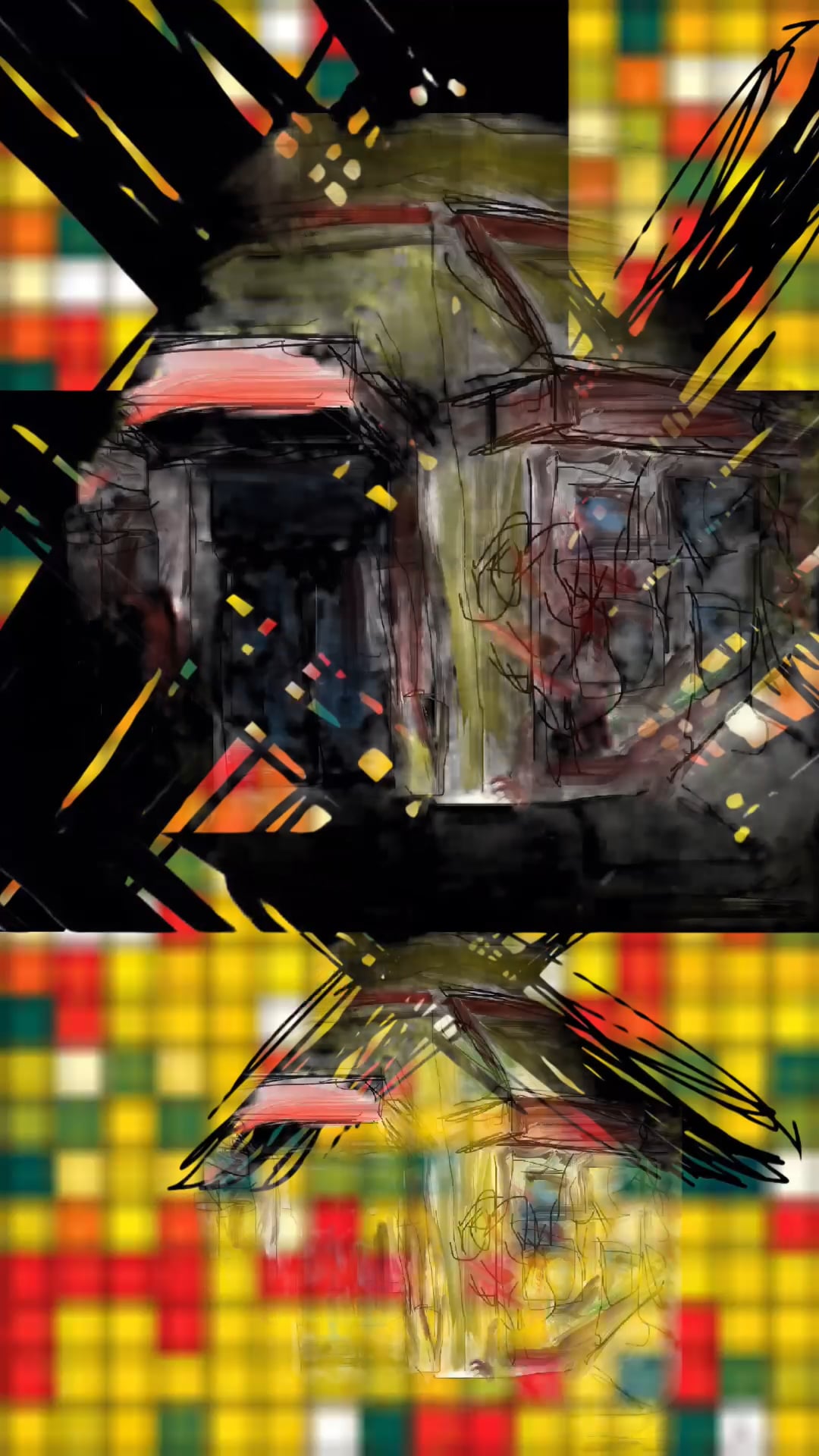 A layered abstract artwork with grids, bright colors, and sketchy black lines.