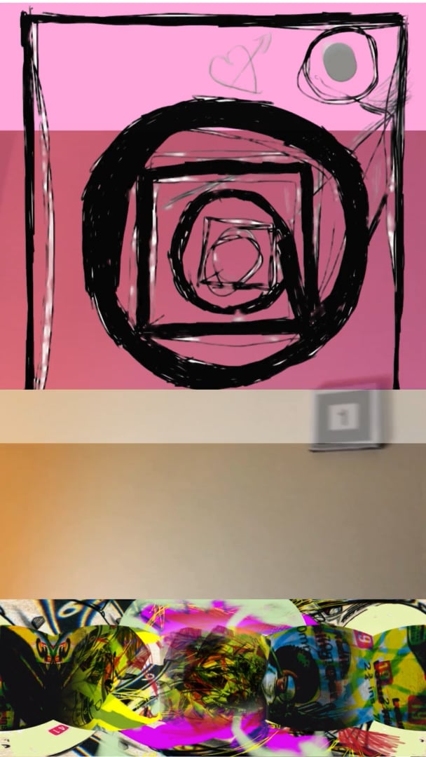 Black scribbled concentric squares on a pink background above a distorted collage of magazine-like images.