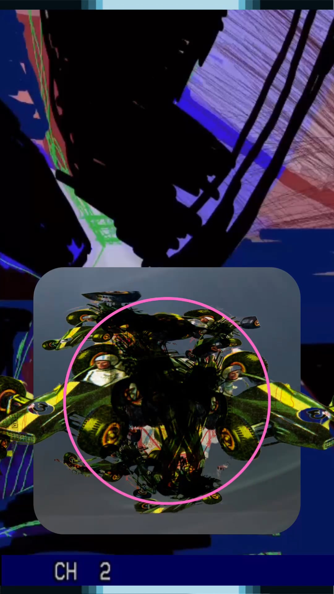 Bold abstract lines in blue and black overlaid with a distorted circular form of racecars.