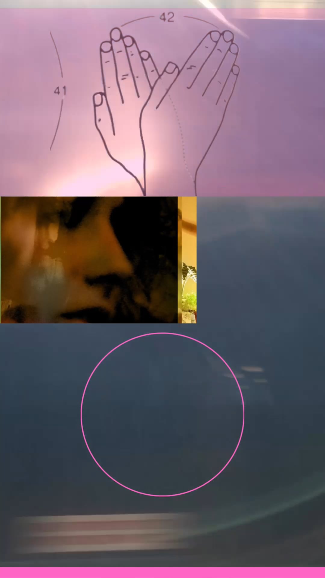 Instructional diagram of hands labeled “41” and “42” above blurred images and a circular overlay.