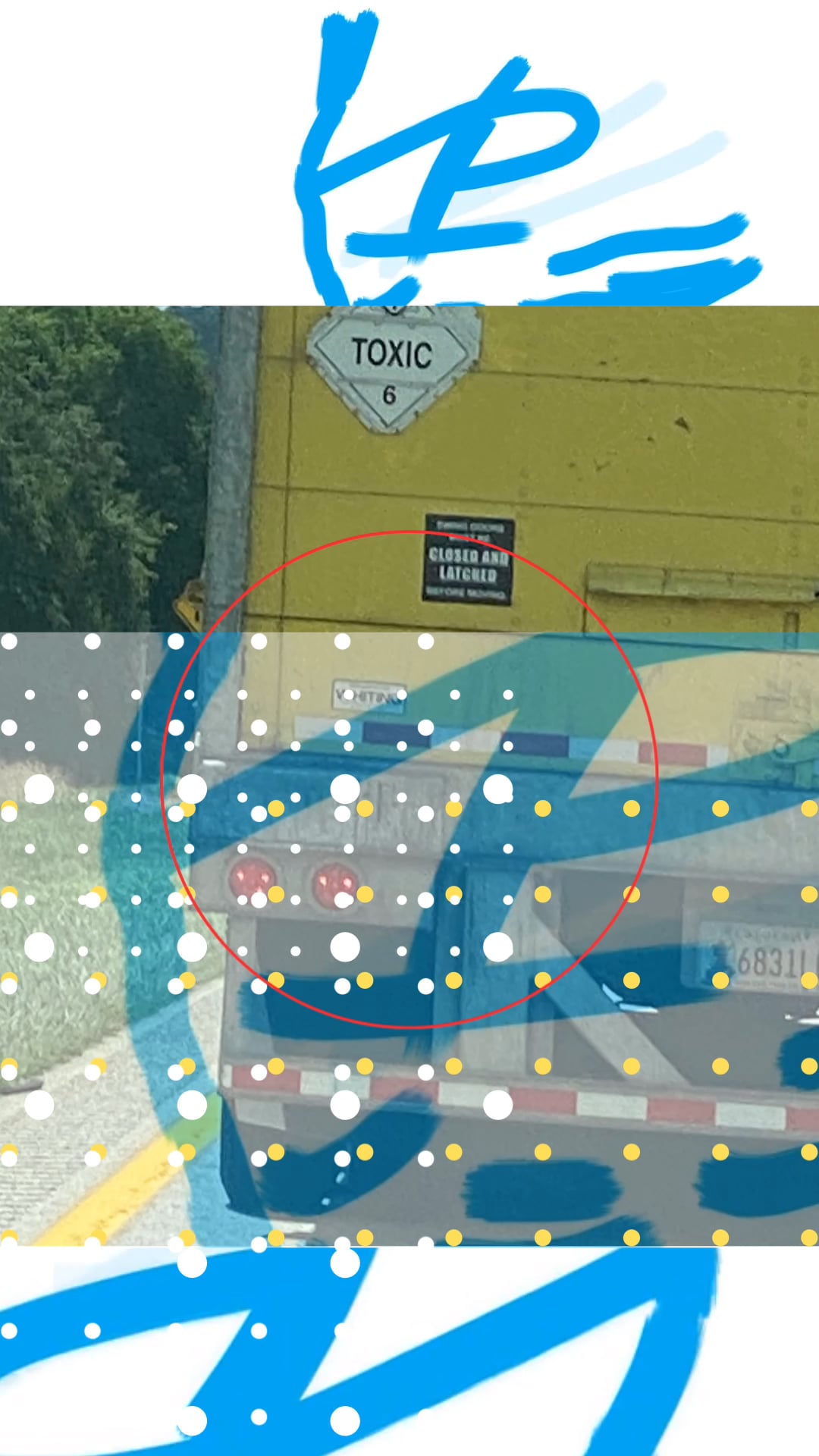 A yellow truck with a “TOXIC 6” hazard sign overlaid with blue brushstrokes and dotted textures.