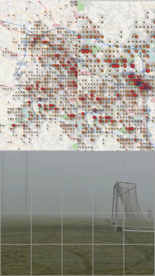 A dense map of colored dots paired with a foggy soccer goal, both divided by grid overlays.