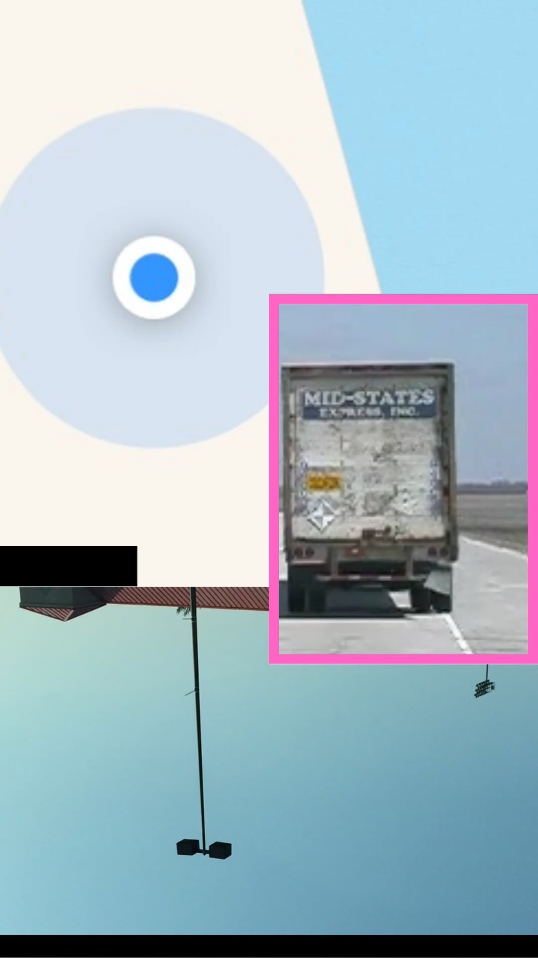 A GPS-style location pin overlaid with an image of a truck on a highway inside a pink box.