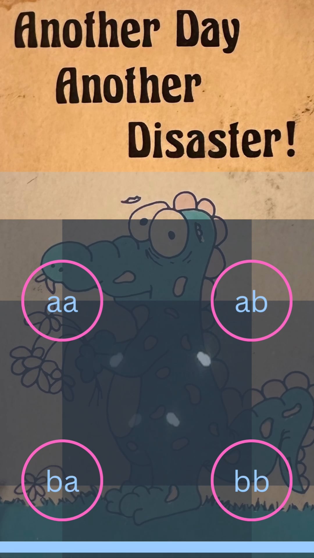 Poster with the text “Another Day Another Disaster!” over a cartoon dinosaur divided into four quadrants labeled aa, ab, ba, bb.