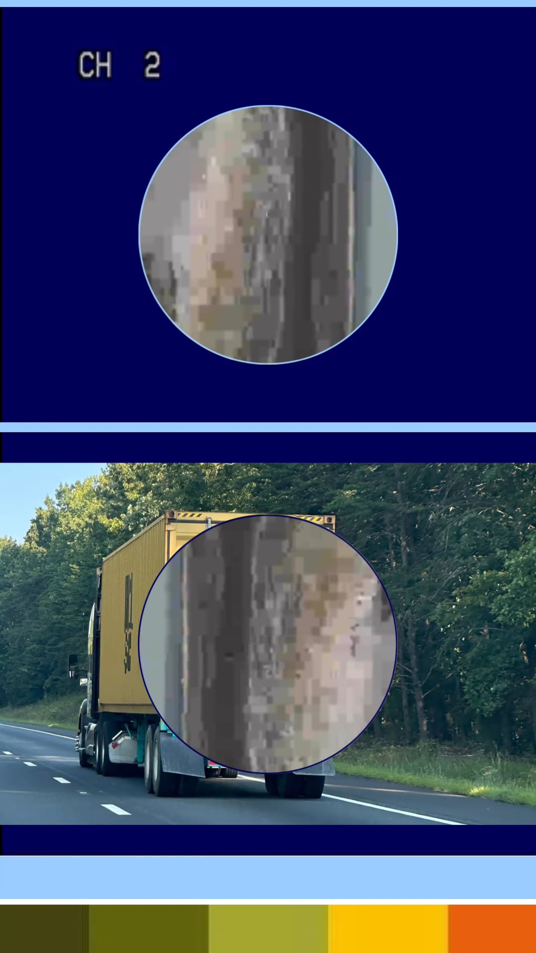 Split image showing a TV static effect labeled “CH 2” above and a yellow truck on the highway below.