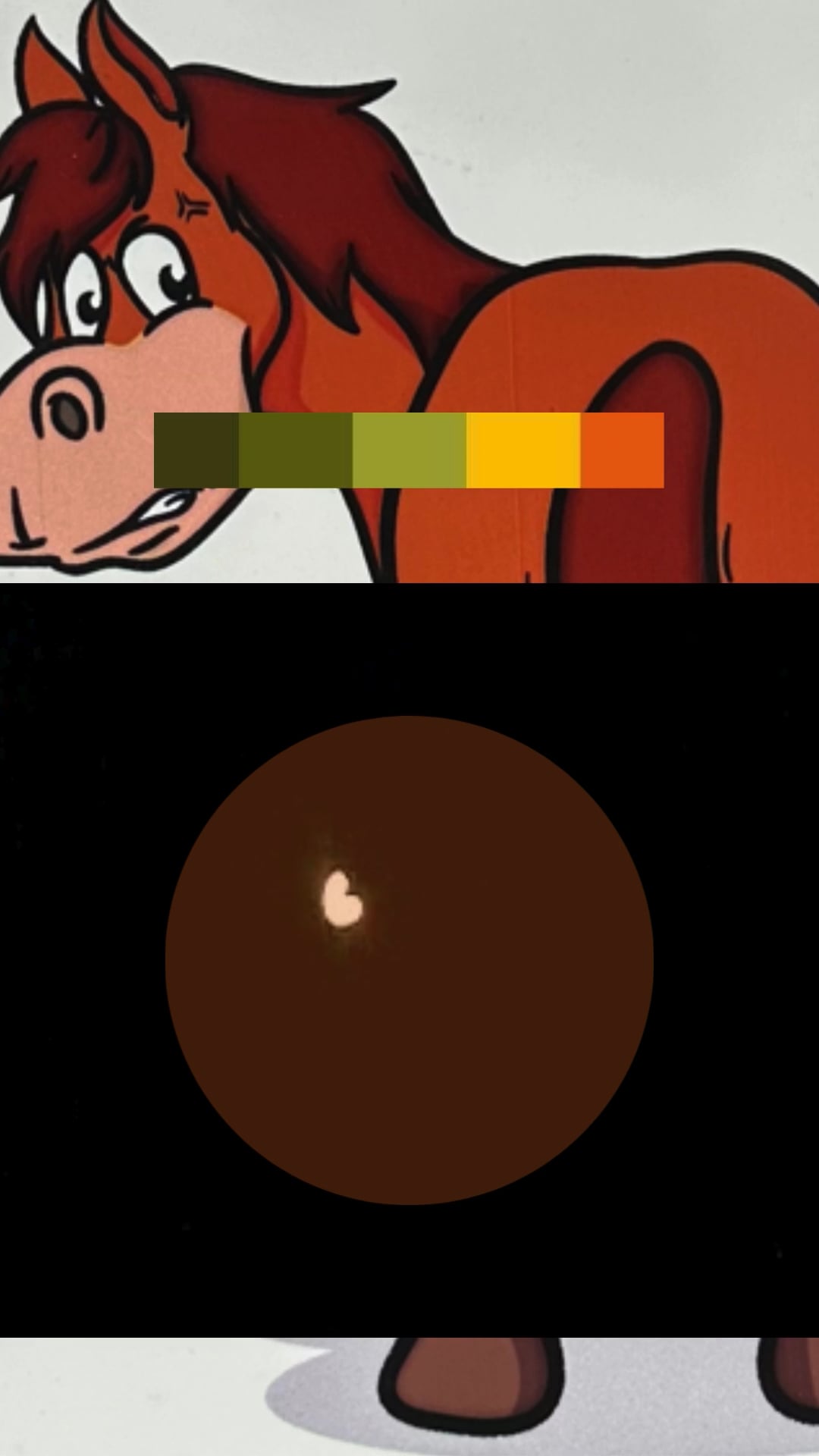 Cartoon horse with a color strip across its midsection above a dark circle showing a glowing moon-like spot.