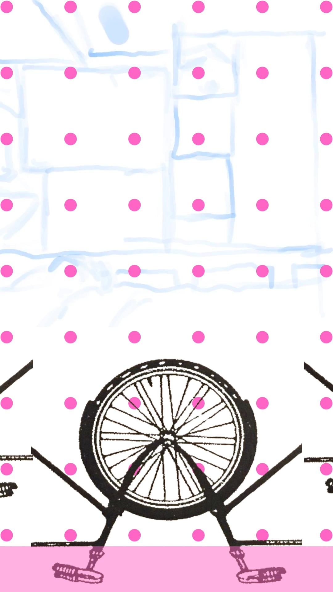 A bicycle wheel illustration layered over a background of pink polka dots.