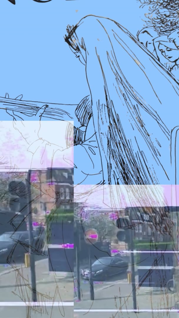 A sketched figure playing guitar over a blue backdrop, layered with glitchy street video fragments.
