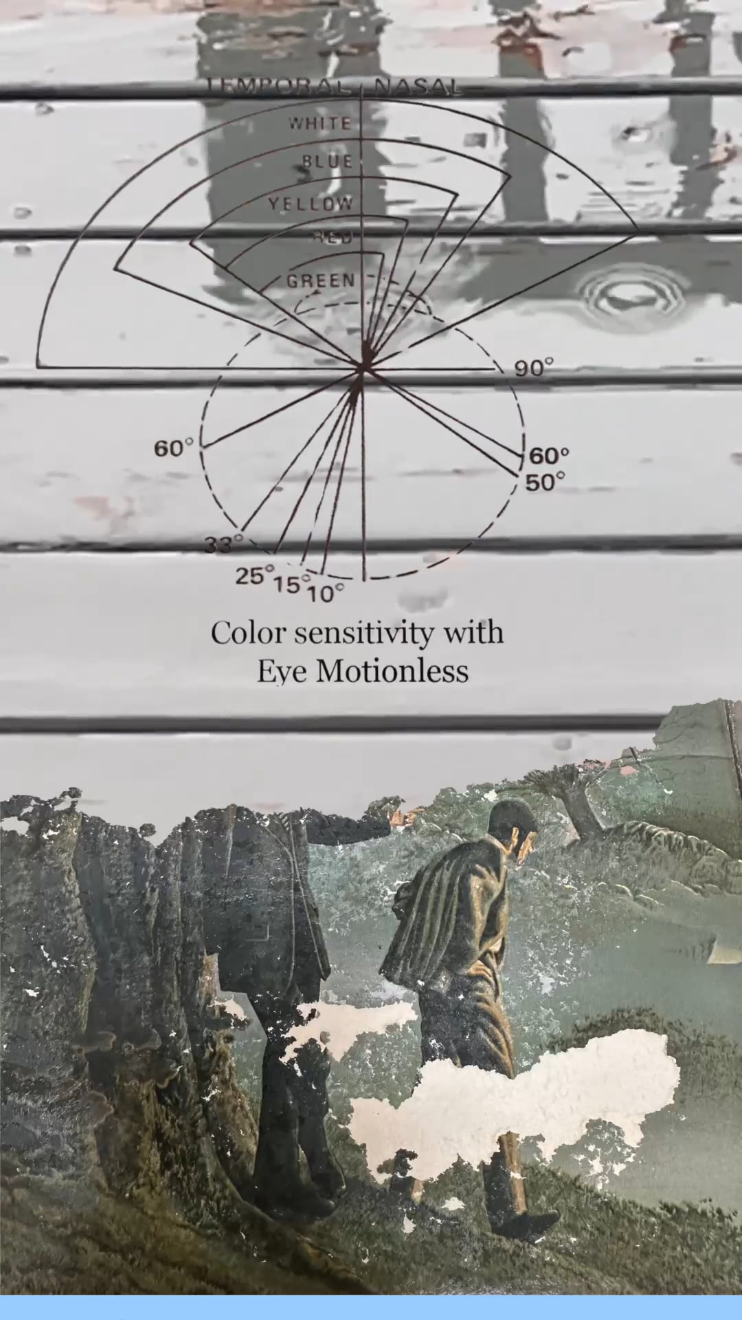A diagram of color sensitivity overlaid on water ripples, with a damaged painting of figures below.