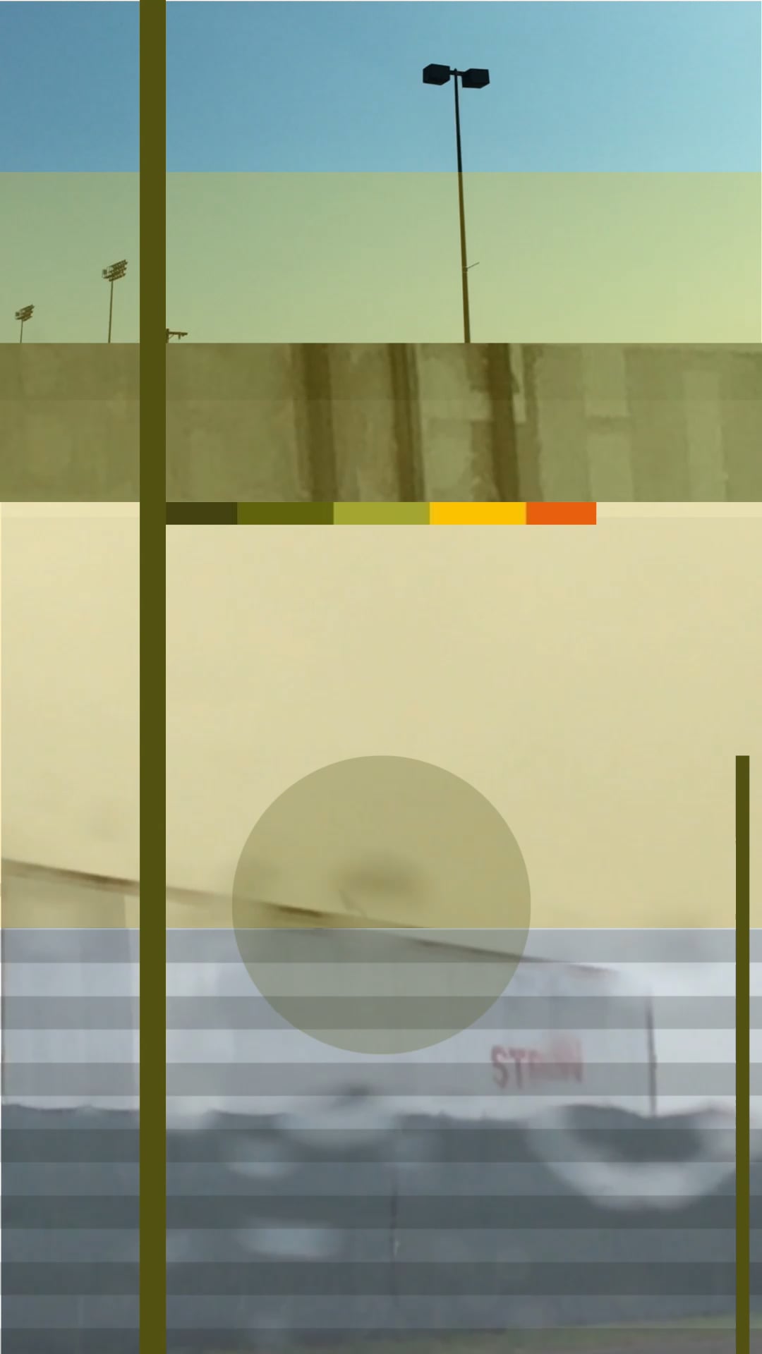 A row of stadium lights and poles against a pale sky, with muted green overlays and a faint circle below.