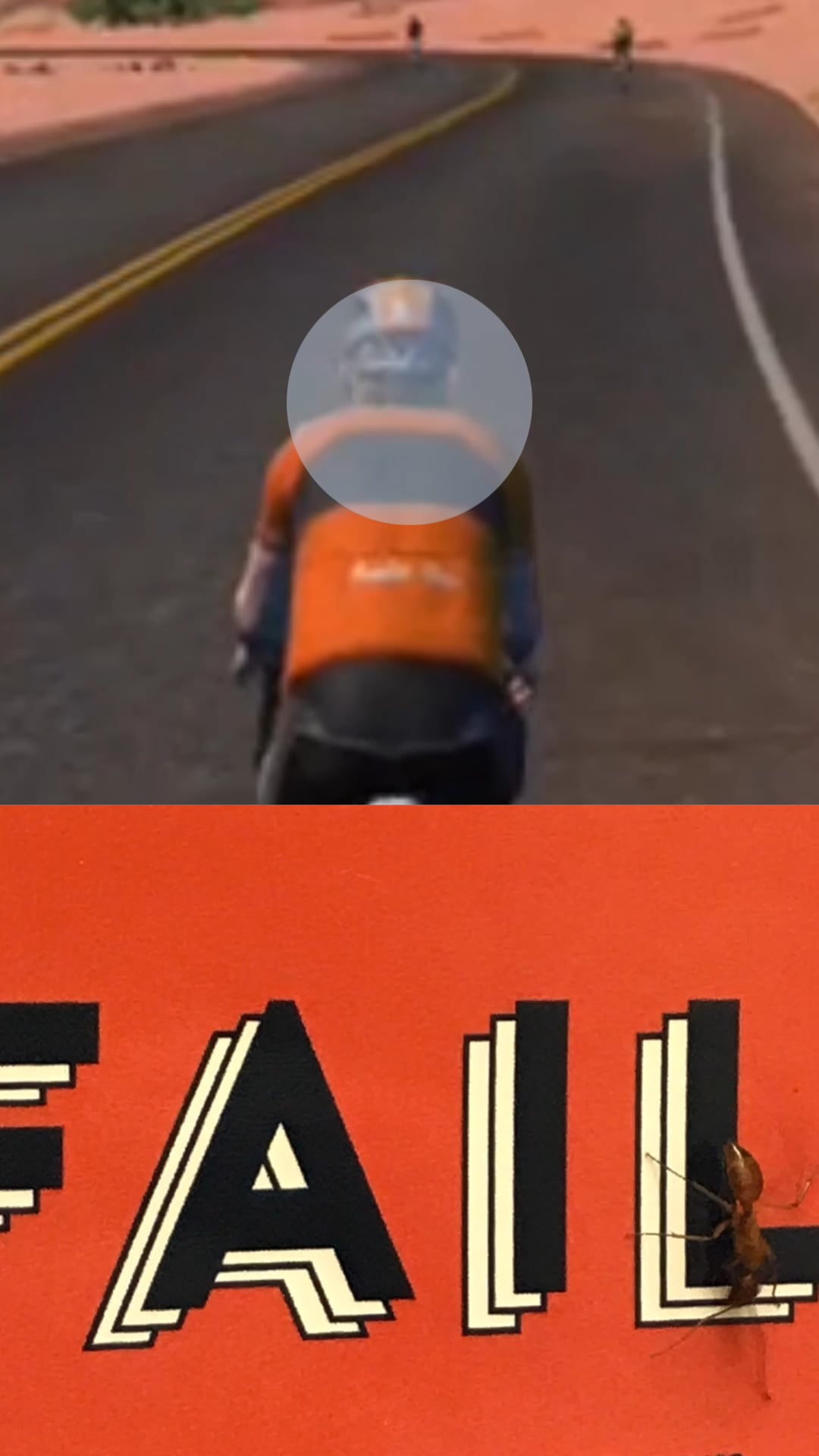 A cyclist in an orange jersey with the word “FAIL” below, next to an ant on the letters.