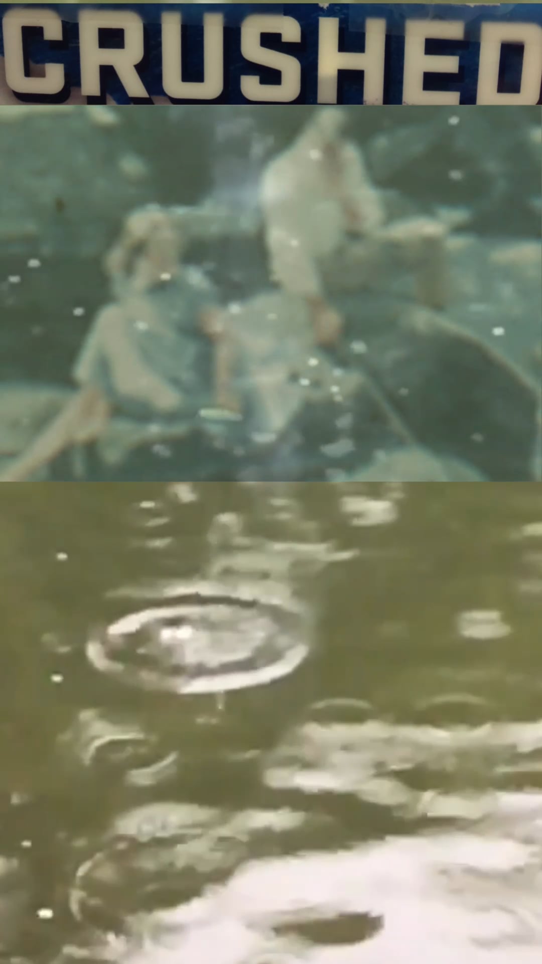 Text “CRUSHED” above a blurred vintage photo of people in a boat, with ripples on water below.