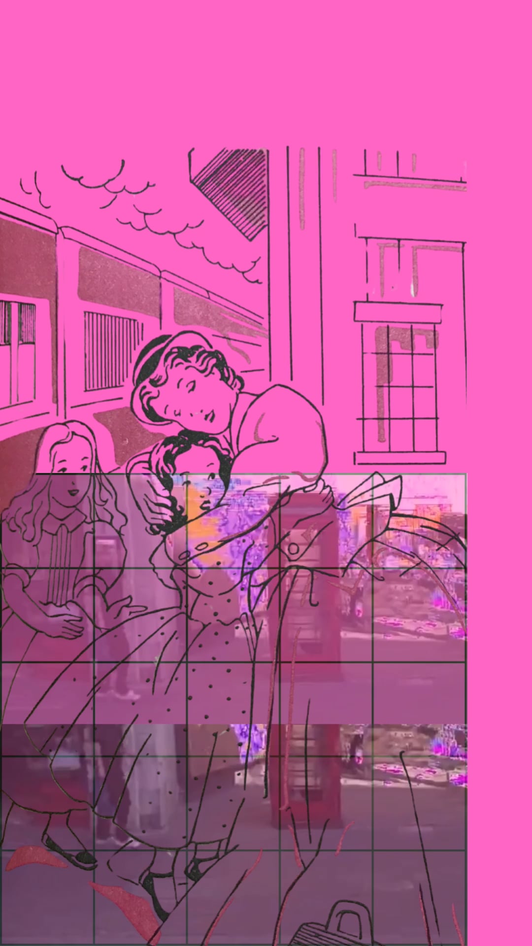 A pink-toned illustration of people embracing, layered with a glitchy grid effect.