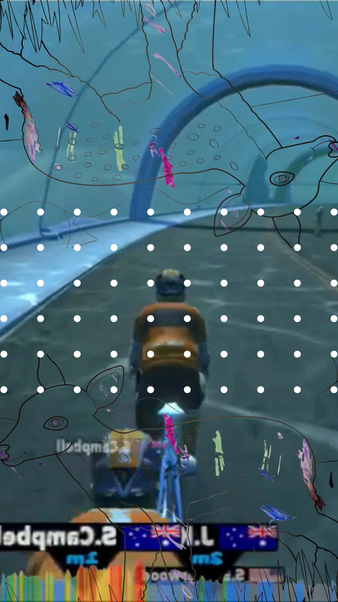 A cyclist avatar in a game tunnel overlaid with drawings of deer, fish, and white dots.