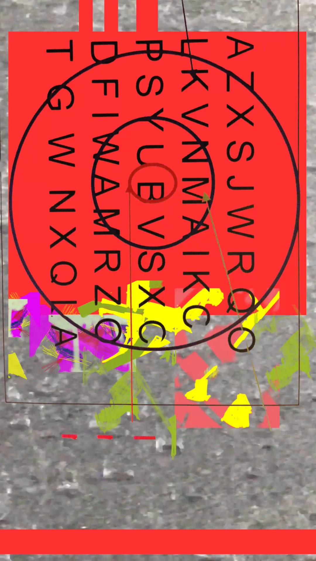 A bold red spiral of letters layered over concrete with colorful paint strokes.