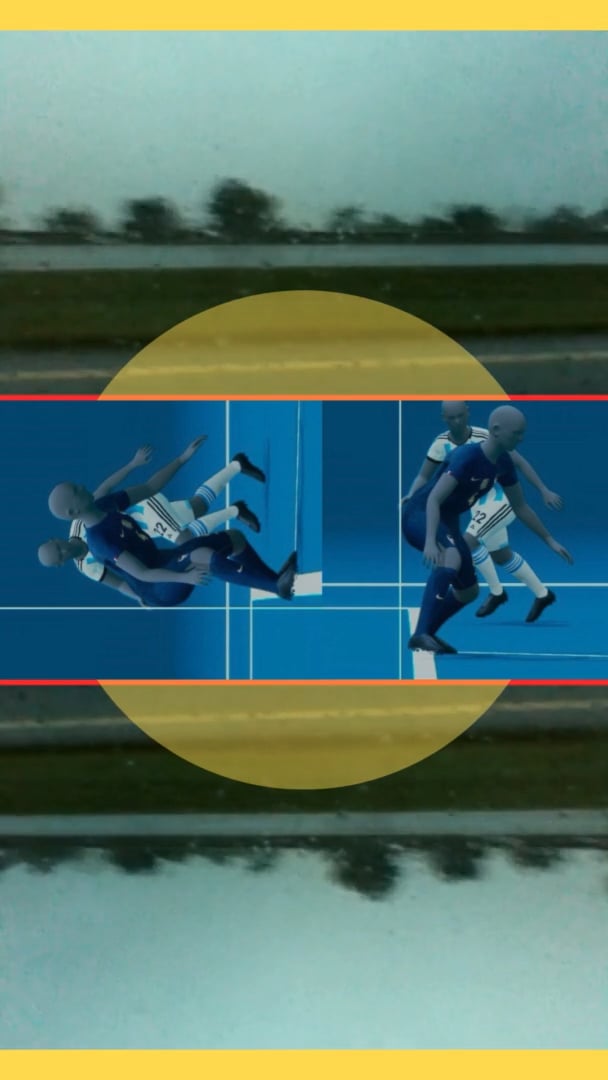 Digital soccer simulation of players colliding inside a yellow circle with a rainy highway scene above and below.