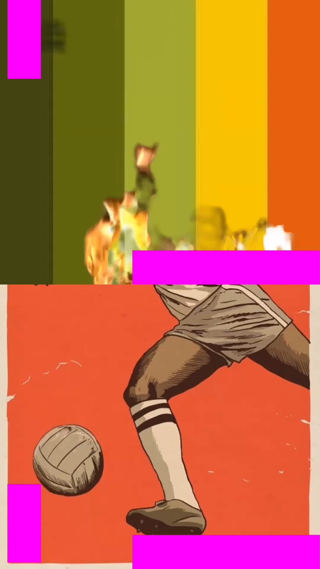 A flaming figure on a striped background above a vintage soccer illustration.