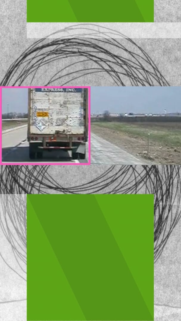 Truck on a highway framed in pink within abstract green rectangles and swirling black sketch lines.