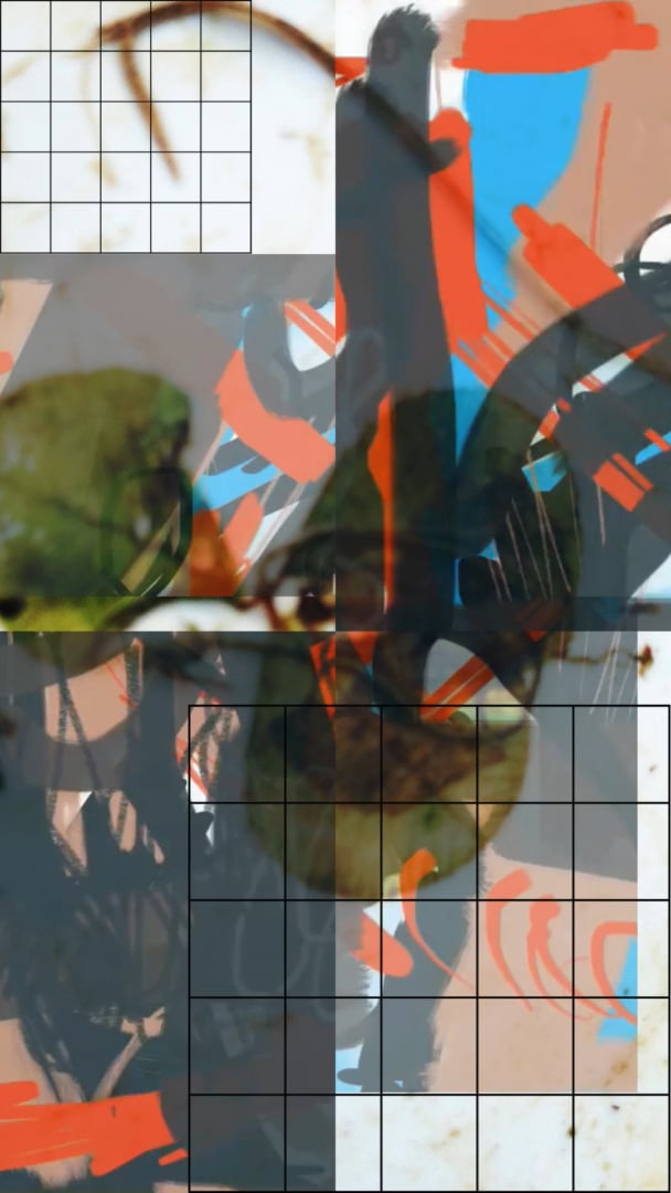 Abstract collage of plants and brushstrokes in red and blue with a black square grid overlay.