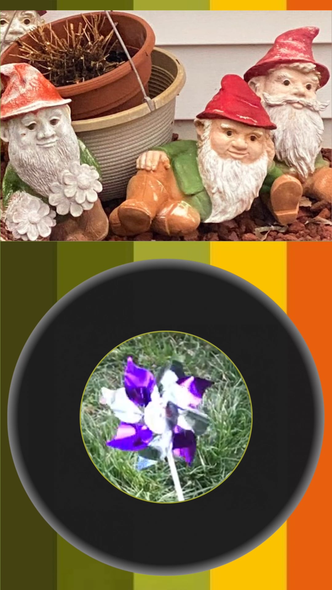 Garden gnome figurines above, with a purple pinwheel framed in a black circle below.