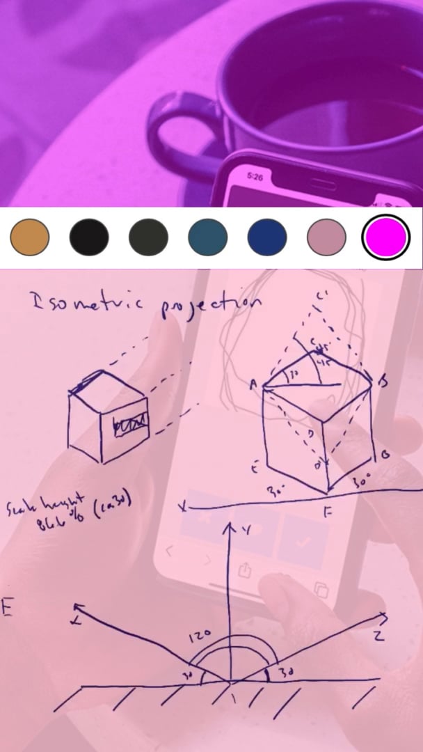 A sketch of isometric cube projections overlaid on a photo of a hand holding a phone with a coffee cup.