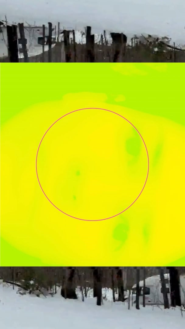 A snowy outdoor scene combined with a neon yellow-green circular overlay.